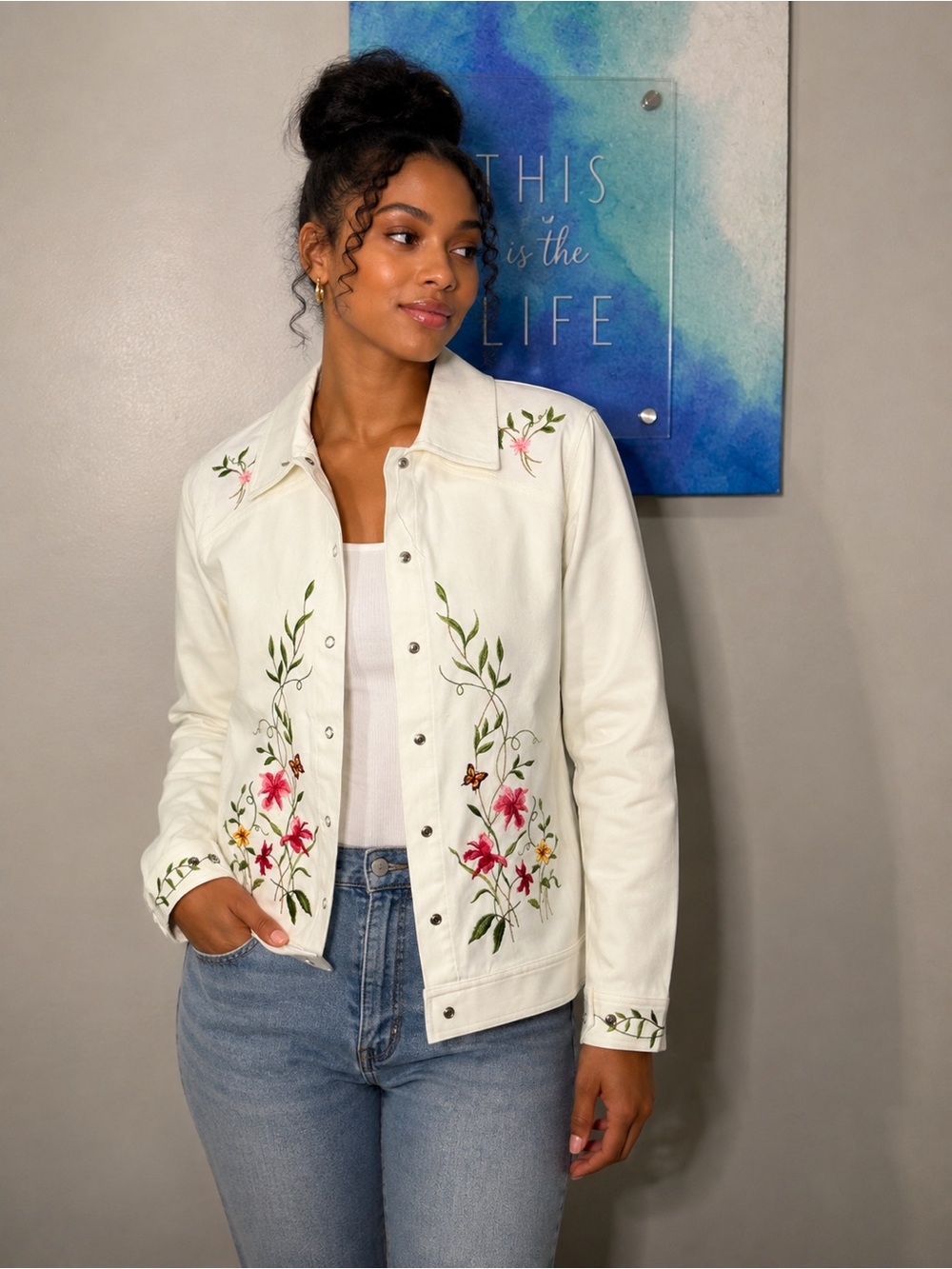 Victor Costa Cream Jean Jacket with Pink & Green Floral Embroidery